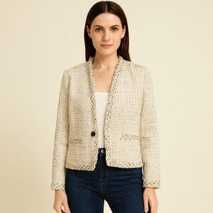 Ann Taylor Petite Cutaway Cream Tweed Blazer Size 6P, EUC